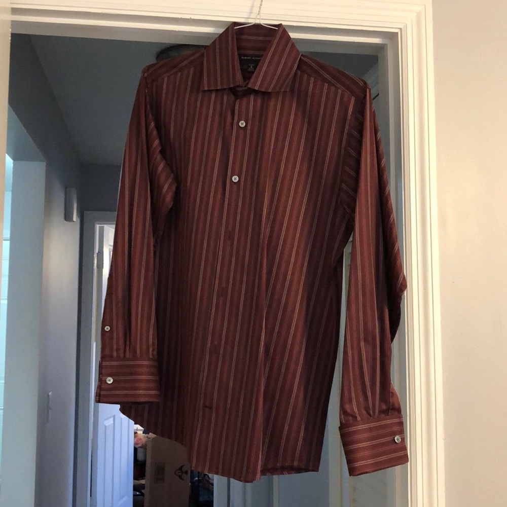 Men’s pinstriped red button down dress shirt